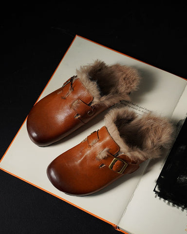 Charm Retro Wool Lining Leather Backness Mules