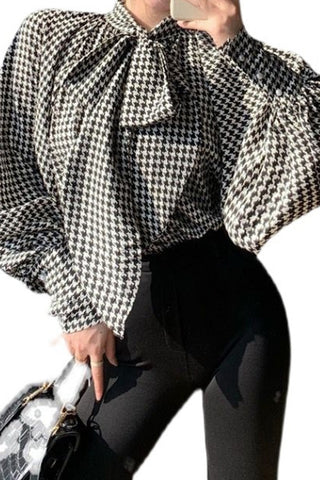 Houndstooth Bow Balloon Sleeve Shirt Top