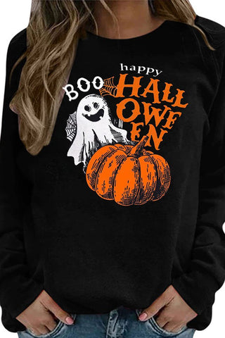 Halloween Pumpkin Black Cat Print Crew Neck Sweatshirt