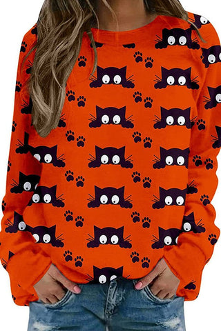 Halloween Pumpkin Black Cat Print Crew Neck Sweatshirt