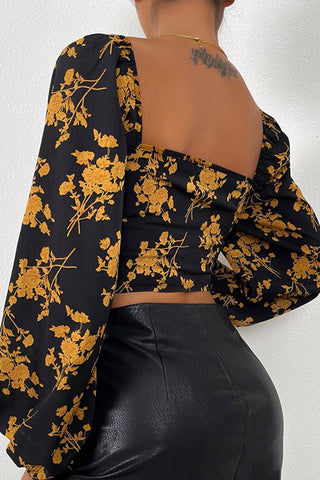 Floral Print Long Sleeve U-Neck Cropped Top