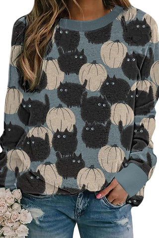 Halloween Pumpkin Black Cat Print Crew Neck Sweatshirt