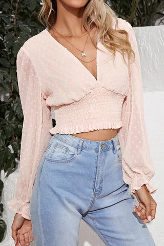 V-neck Pleated Trumpet Sleeves Cropped T-shirt