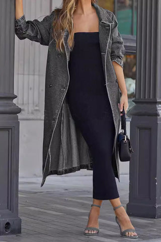 Denim Cotton Solid Color Double Pocket Long Coat