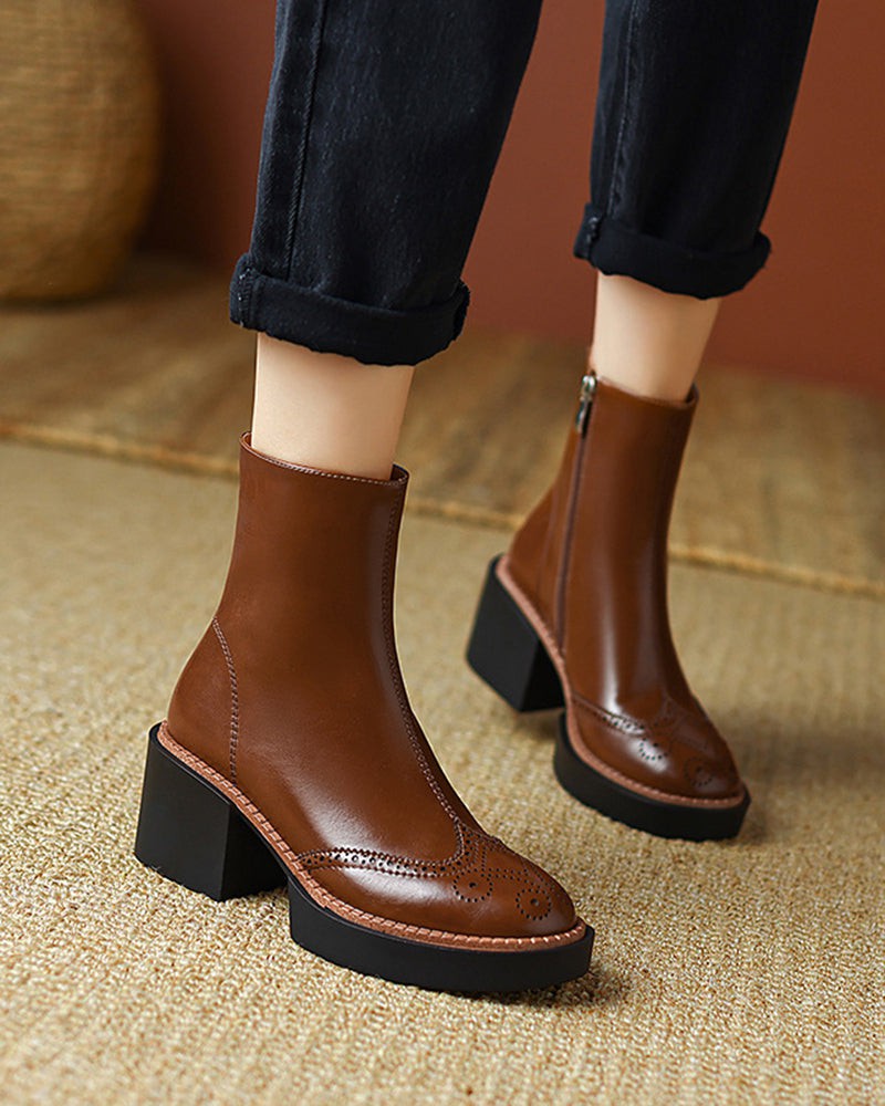 LarosaStyle Carved Leather Thick-soled Chelsea Boots