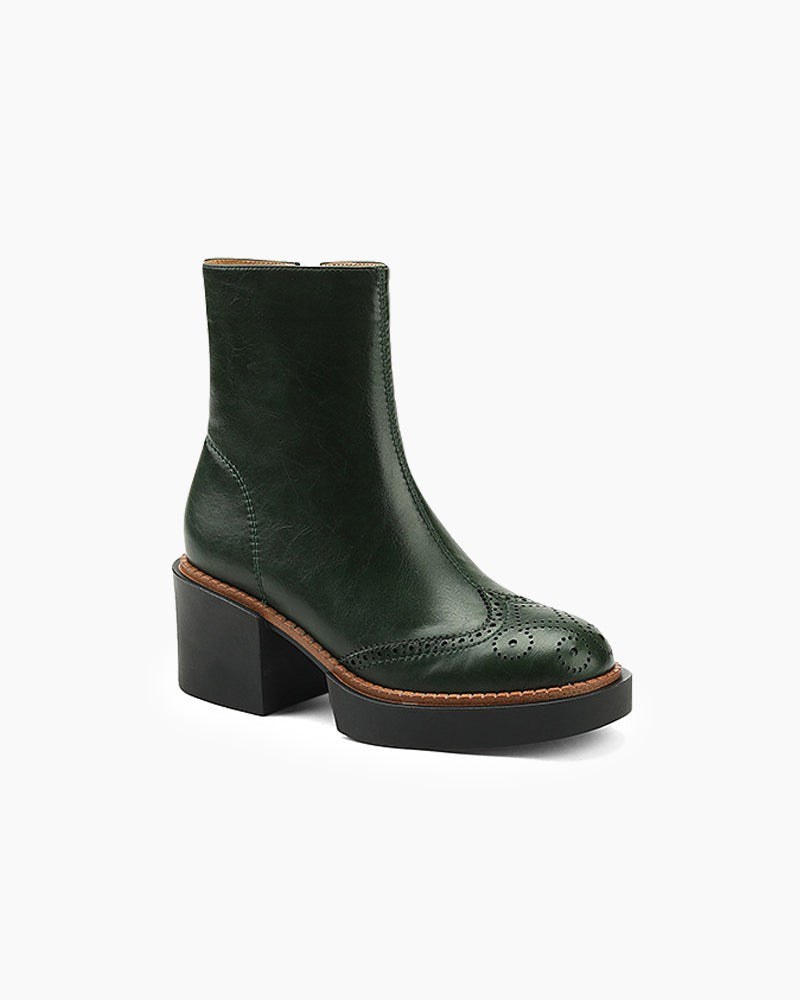 LarosaStyle Carved Leather Thick-soled Chelsea Boots Green / US 5