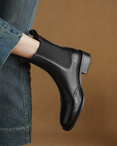 LarosaStyle Leather Low Block Heel Chelsea Boots