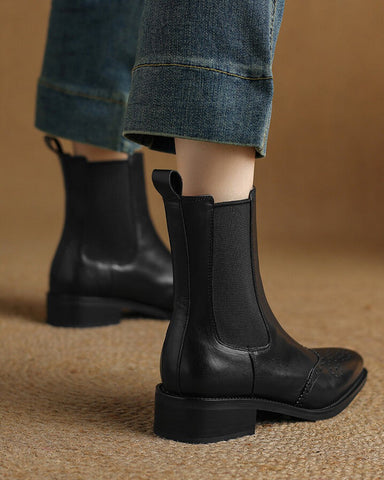 LarosaStyle Leather Low Block Heel Chelsea Boots