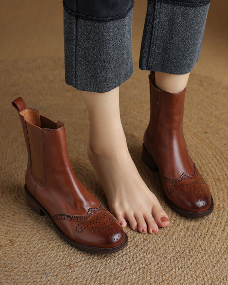 LarosaStyle Leather Low Block Heel Chelsea Boots