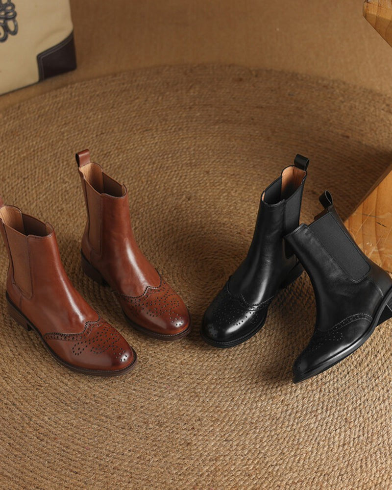 LarosaStyle Leather Low Block Heel Chelsea Boots