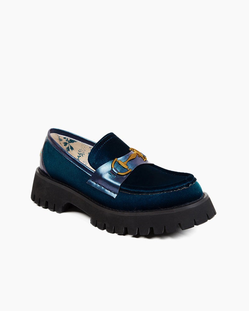 LarosaStyle loafers Alina Bee Embroidery Velvet Platform Leather Loafers Blue / US 5