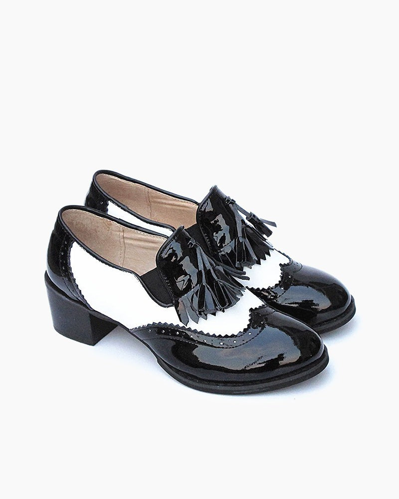 LarosaStyle loafers Black and White Classic Fringed Chunky Heel Oxford Shoes