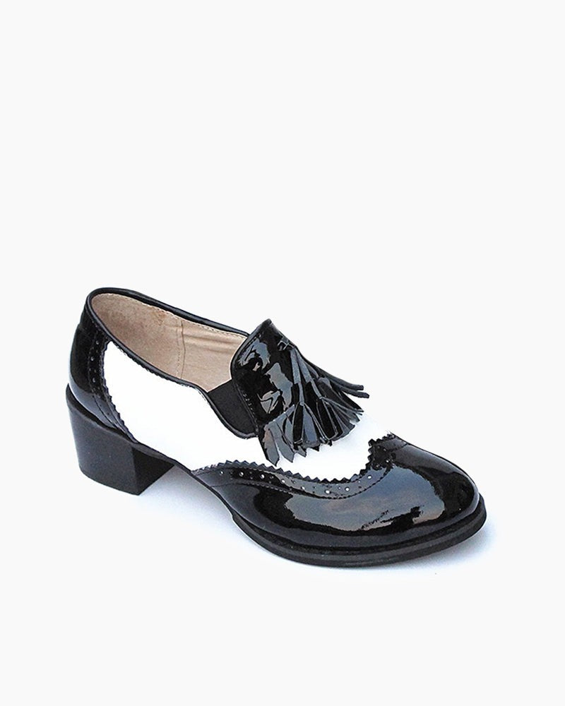 LarosaStyle loafers Black and White Classic Fringed Chunky Heel Oxford Shoes Glossyblack / US 5