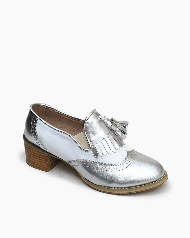 LarosaStyle loafers Black and White Classic Fringed Chunky Heel Oxford Shoes Silverwhite / US 5