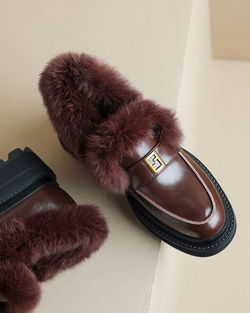 LarosaStyle Loafers Rabbit Fur Thick-soled Velvet Leather Shoes Brown / US 5