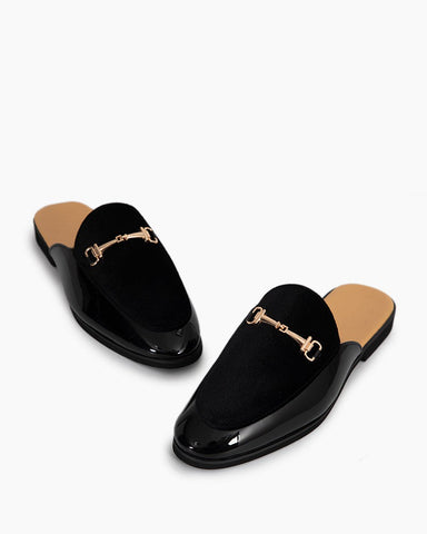 LarosaStyle Men Mules Men's Patent Leather and Suede Flat Slipper Mules