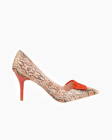 Point-toe Snakeskin Print Heel Pumps