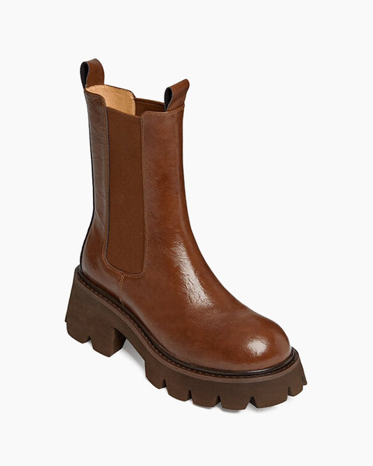 LarosaStyle Round Toe Platform Leather Chelsea Boots Brown / US 5