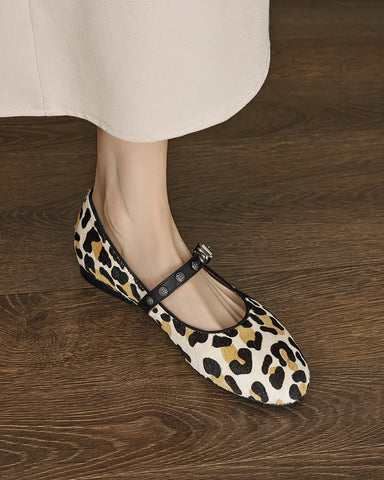 LarosaStyle Vintage Leopard Print Mary Jane Ballerina Ballet Flats with Straps