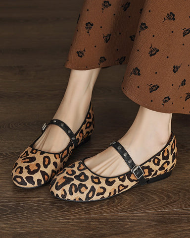 LarosaStyle Vintage Leopard Print Mary Jane Ballerina Ballet Flats with Straps