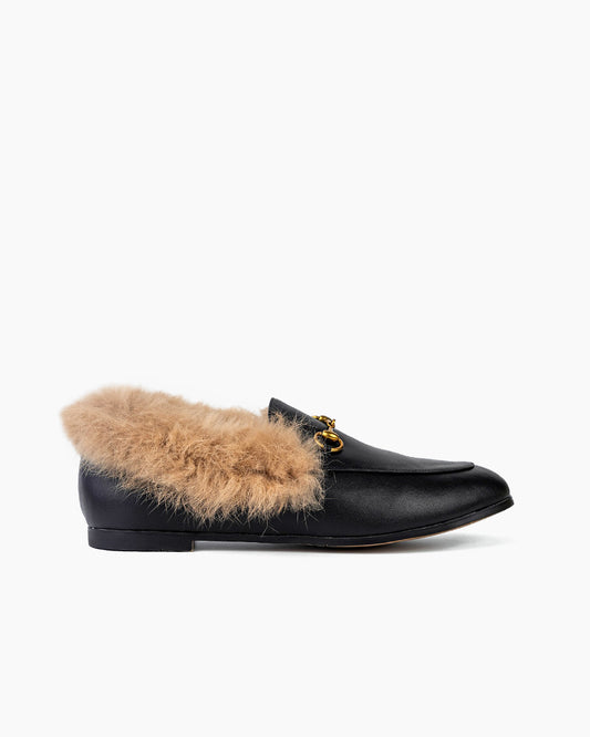 Horsebit-Chain-Fur-Flat-Leather-Slip-on-Penny-Loafers