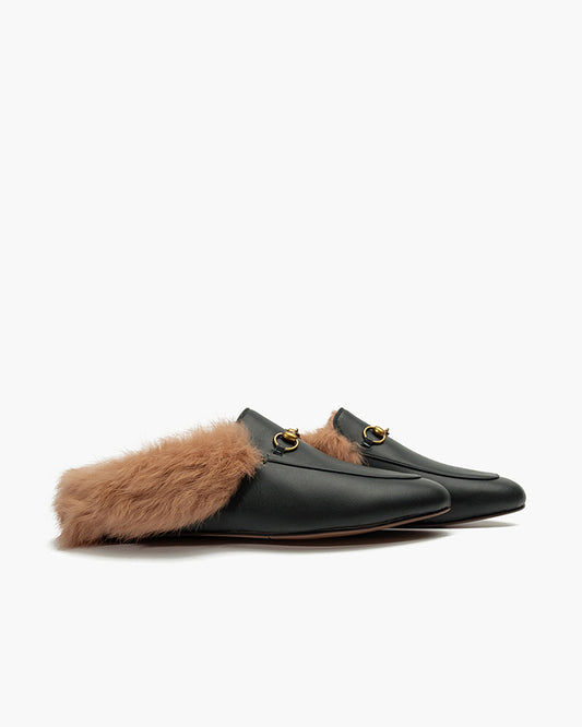 Horsebit-Backless-Fur-Flat-Slip-on-Slippers-Leather-Mules