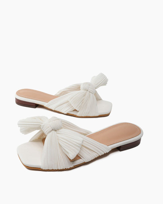 Pleated-Bow-Open-Toe-Comfort-Slip-on-Slide-Flat-Sandals