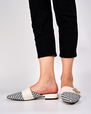 Unique Round Metal Decor Houndstooth Pattern Mules