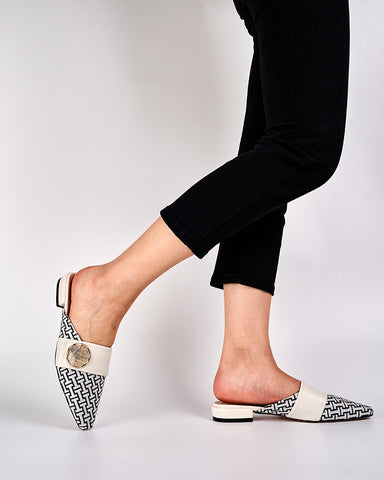 Unique Round Metal Decor Houndstooth Pattern Mules