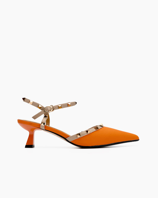 Lychee-Pattern-Rivet-Decor-Ankle-Strap-Slingback-Sandals-Pointed-Toe-Kitten-heel