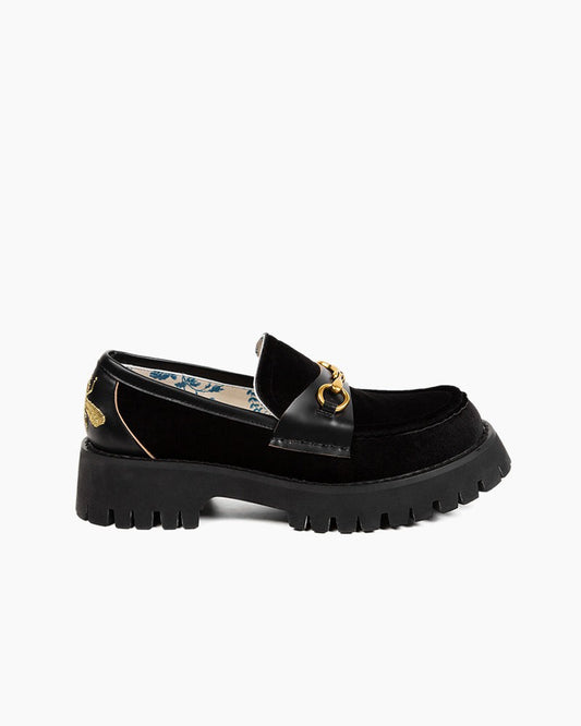 Horsebit-Bee-Embroidery-Velvet-Mid-Heel-Platform-Leather-Chunky-Loafers