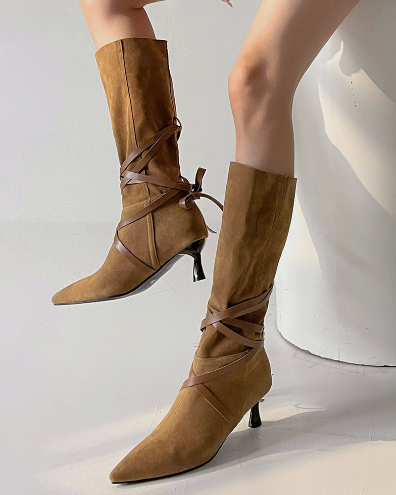 Pointed Toe Buckle Belt Strappy Mid Knee High Boots LarosaStyle