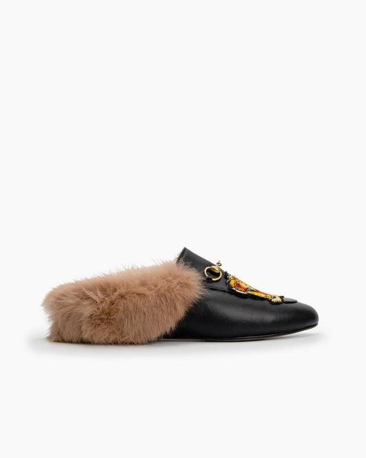 Horsebit-Casual-Buckle-Furry-Embroidery-Flat-Mules-Slippers