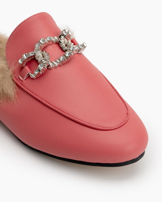 Rhinestone-Metal-Chain-Decor-Flat-Leather-fur-Slip-On-Backless-Mules