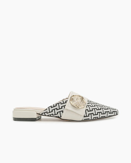 Unique Round Metal Decor Houndstooth Pattern Mules