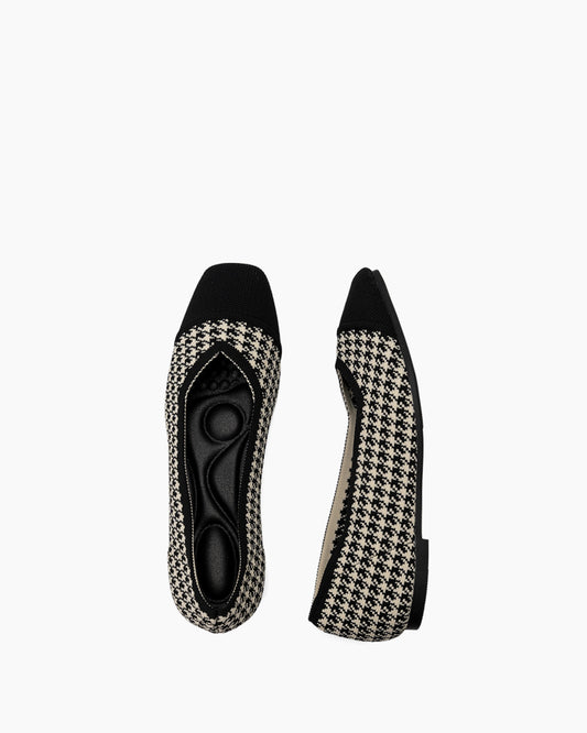 Black-Colorblock-Patchwork-Houndstooth-Pattern-Ballet-Flats