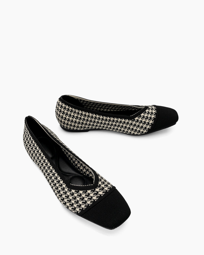 Black-Colorblock-Patchwork-Houndstooth-Pattern-Ballet-Flats