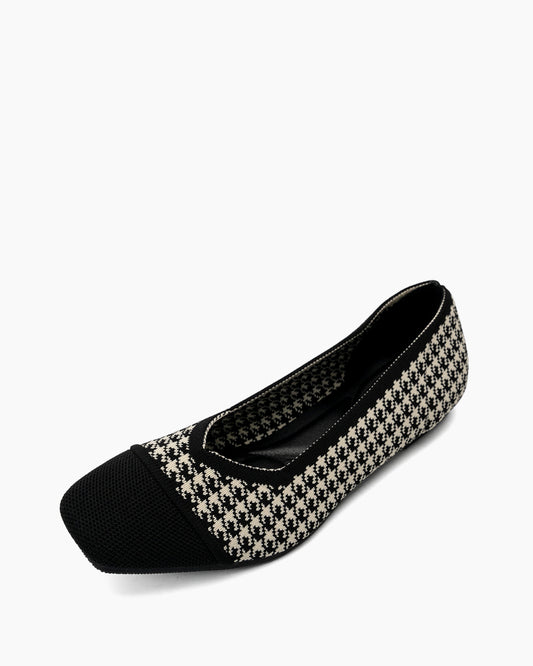 Black-Colorblock-Patchwork-Houndstooth-Pattern-Ballet-Flats