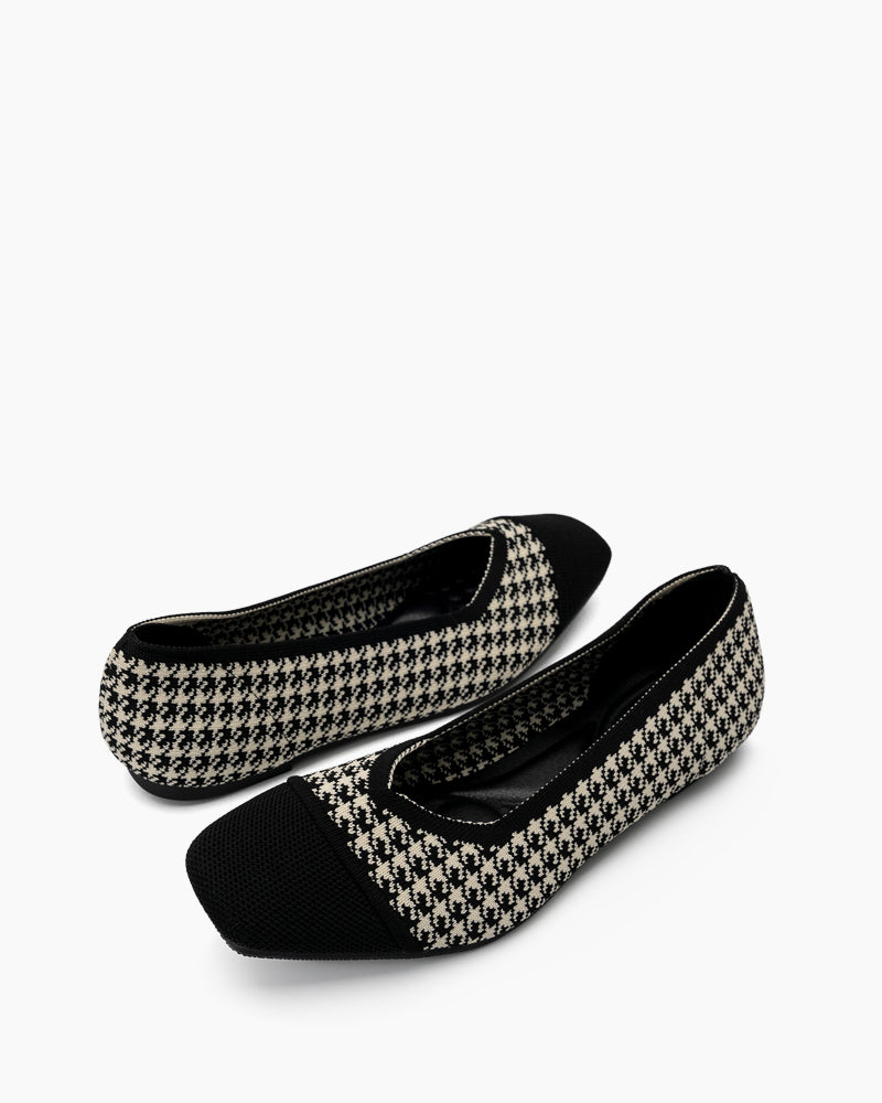 Black-Colorblock-Patchwork-Houndstooth-Pattern-Ballet-Flats