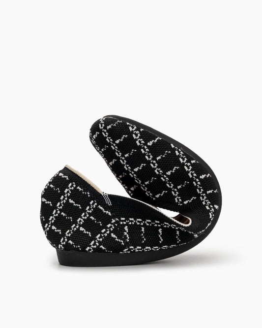 Houndstooth-Pattern-V-Cut-Square-Toe-Ballet-knit-Flats