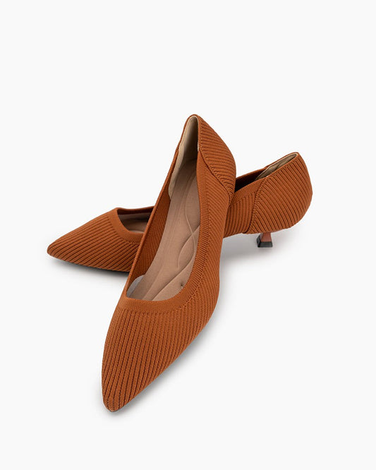 Orange-Solid-Color-Pointed-Toe-Striped-Kitten-Heels