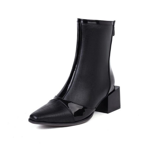 Square Head Color Matching Mid Heel Ankle Boots