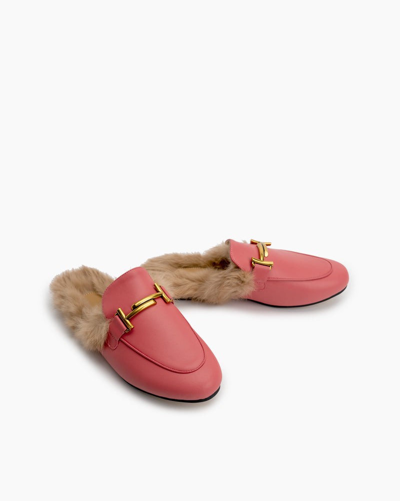 LarosaStyle mules Chain Closed Toe Fur Backless Slip on Slides Mules