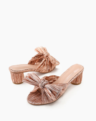 LarosaStyle sandals Pleated Bow Open Toe Chunky Block Heel Sandals